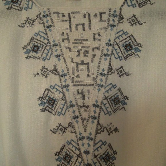 Lucky Brand Aztec Boho Embroidered Beaded Peasant Ivory Blouse - Picture 2 of 8
